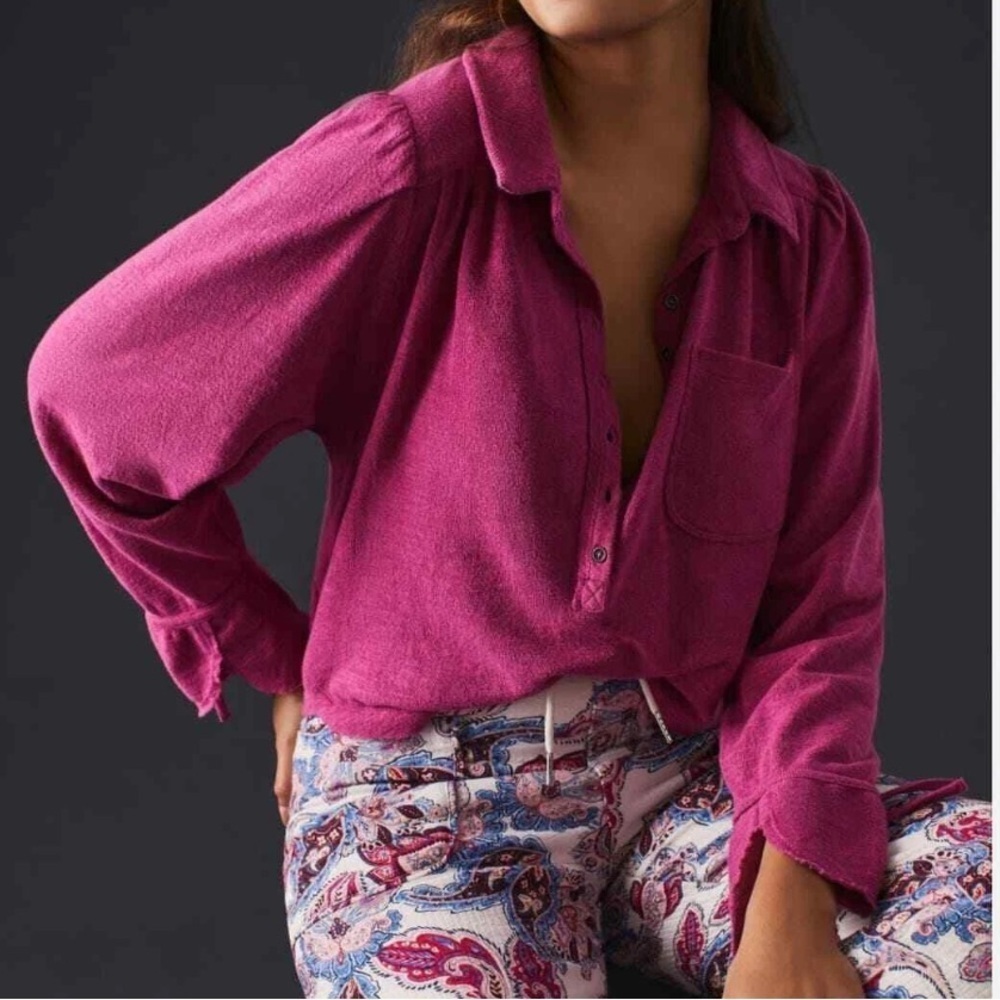 Pilcro Anthropologie Fuchsia Puff Sleeve High Low Small Shirt